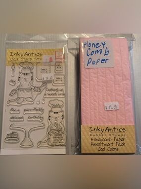 Inky Antics ~ “Baking Kitty” clear stamp set with matching Honeycomb paper pack
